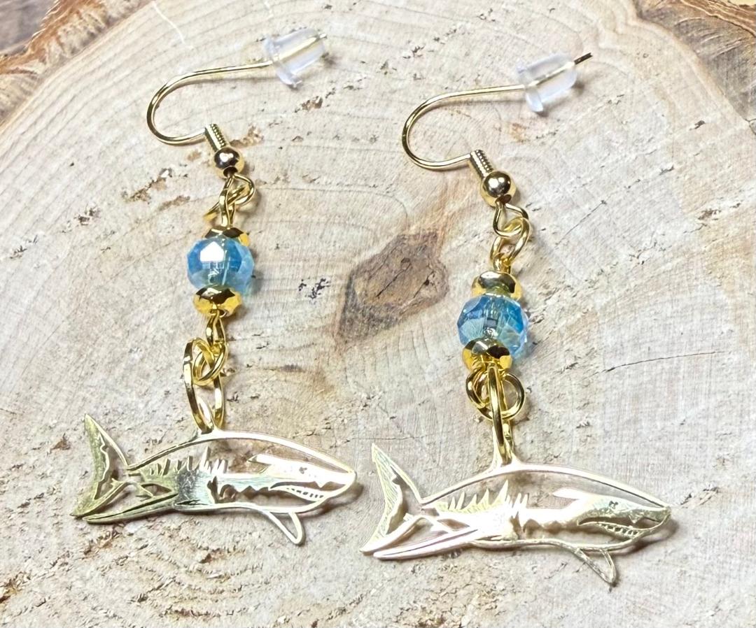 NEW Stainless Steel Gold Shark Charm Earrings w/ Glass Beads