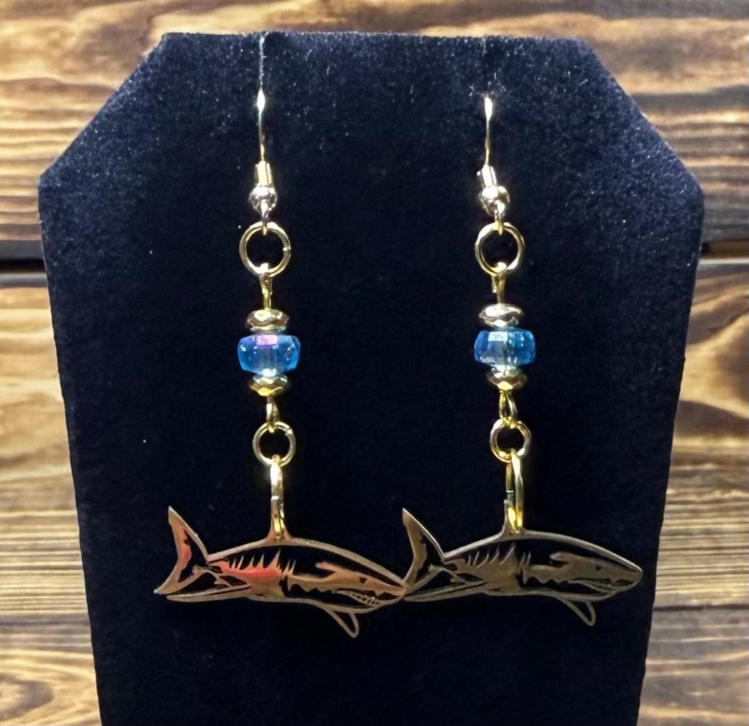 NEW Stainless Steel Gold Shark Charm Earrings w/ Glass Beads