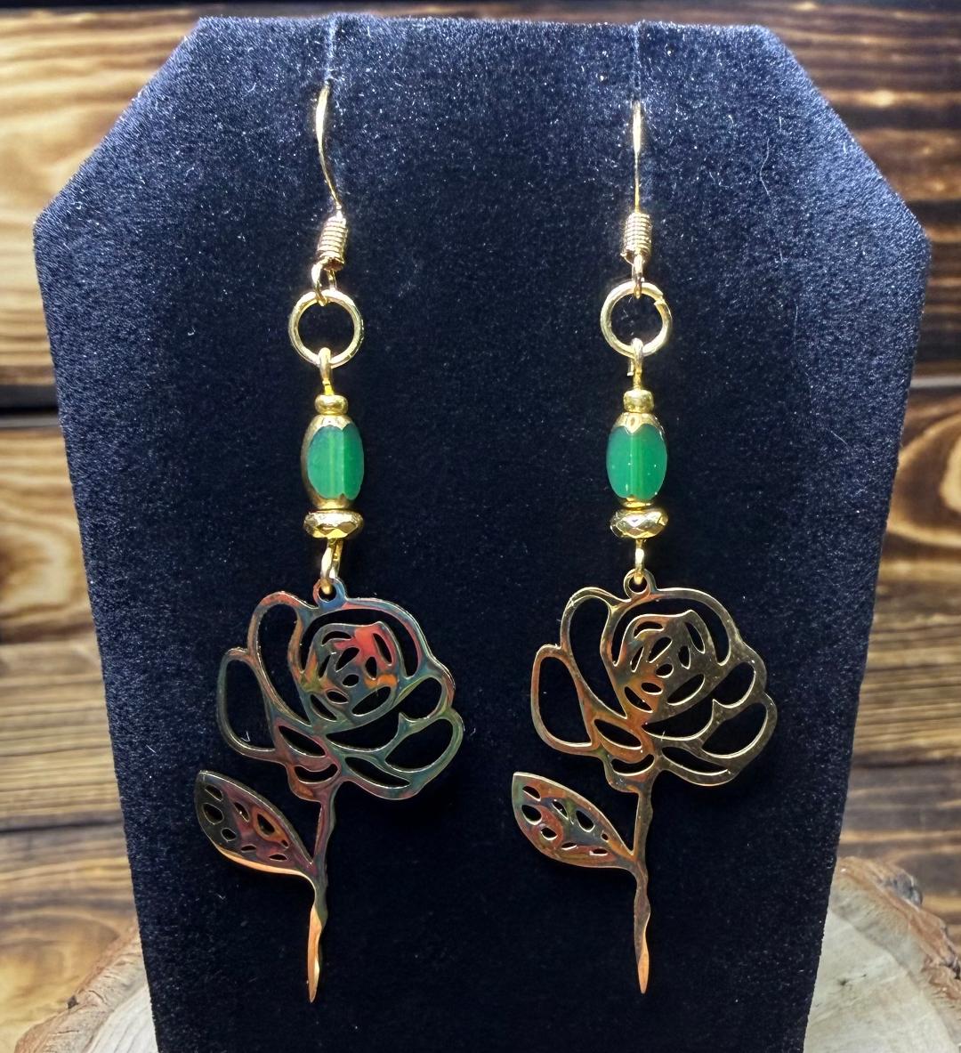 NEW Stainless Steel Hollow Gold Flower Outline Earrings w/ Green Accent Beads