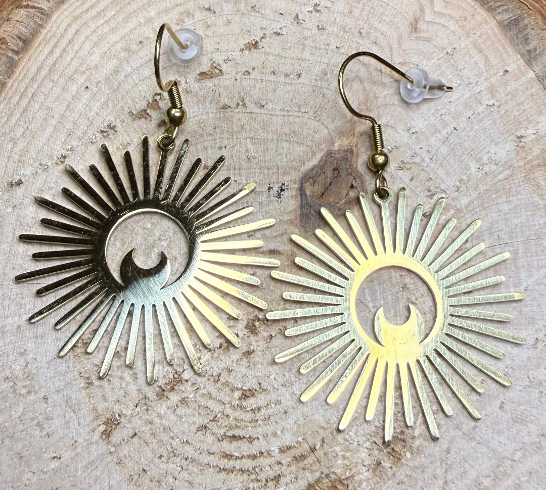 NEW Gold Stainless Steel Sunburst & Moon Celestial Earrings