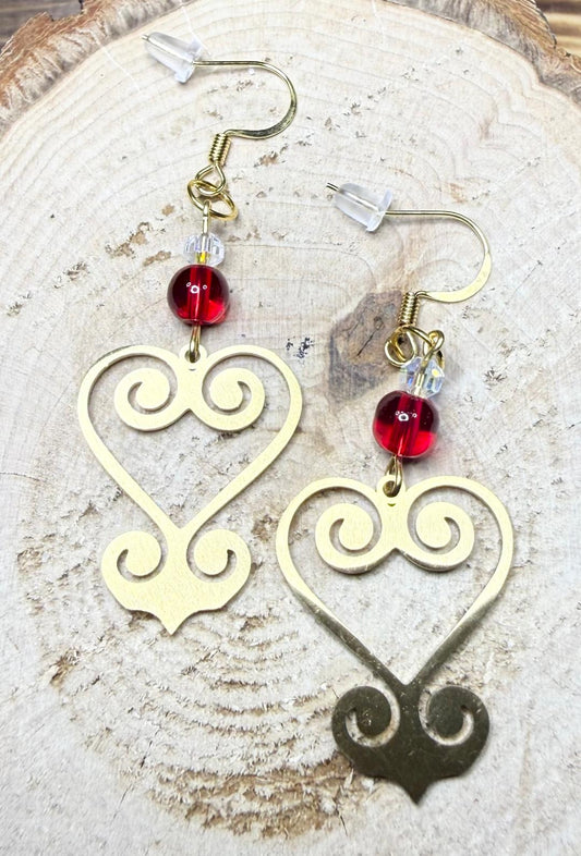 NEW Swirl Gold Stainless Steel Heart Earrings w/ Red & Clear Glass Beads