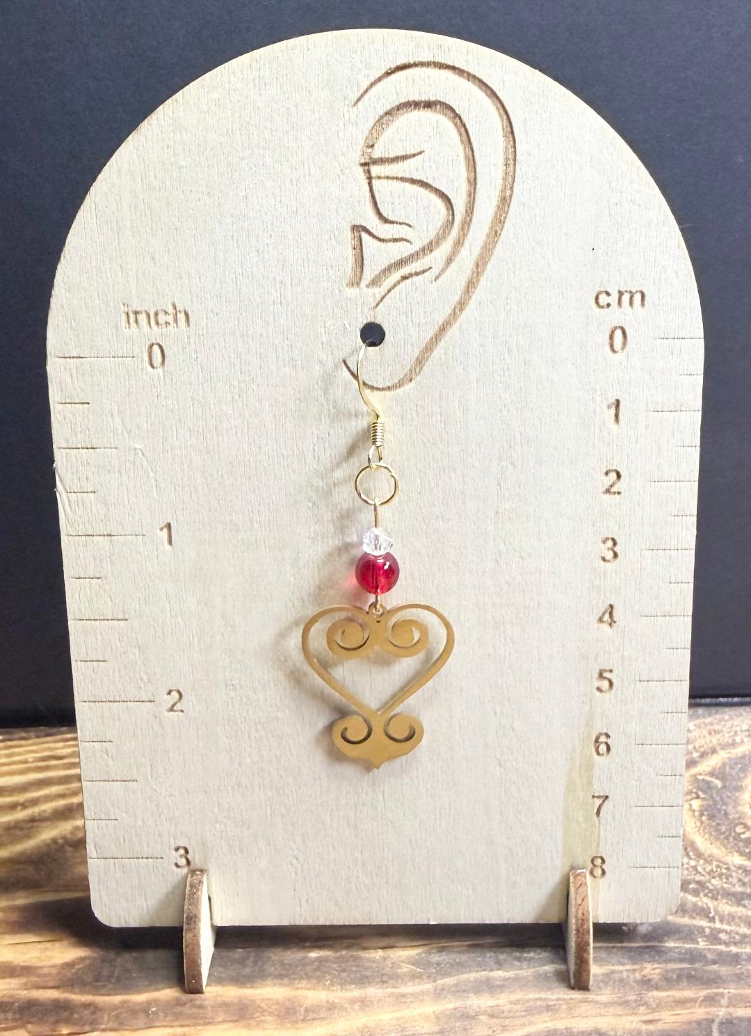NEW Swirl Gold Stainless Steel Heart Earrings w/ Red & Clear Glass Beads