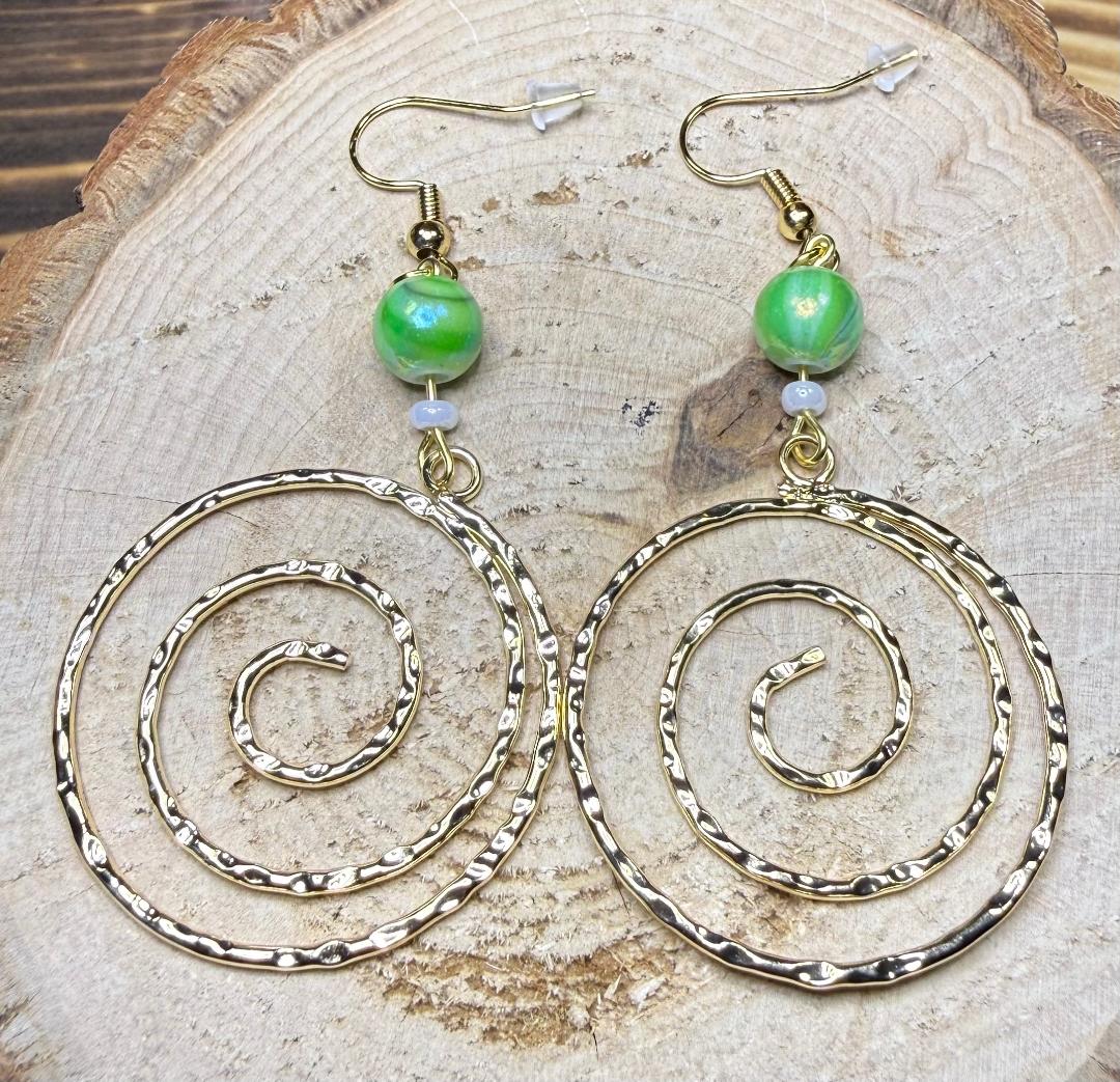 NEW Hammered Gold Swirl Hoop Earrings w/ Green Beads