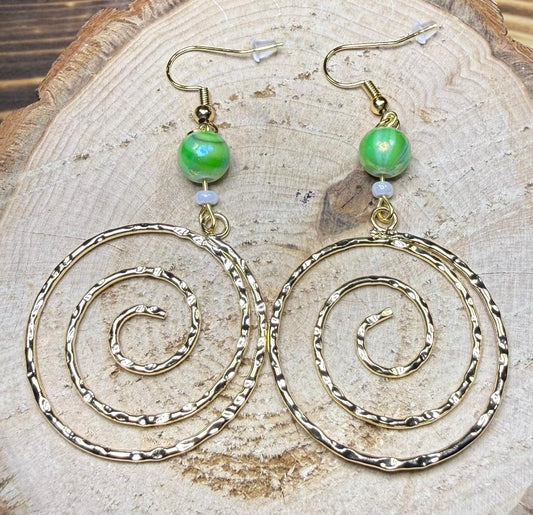NEW Hammered Gold Swirl Hoop Earrings w/ Green Beads