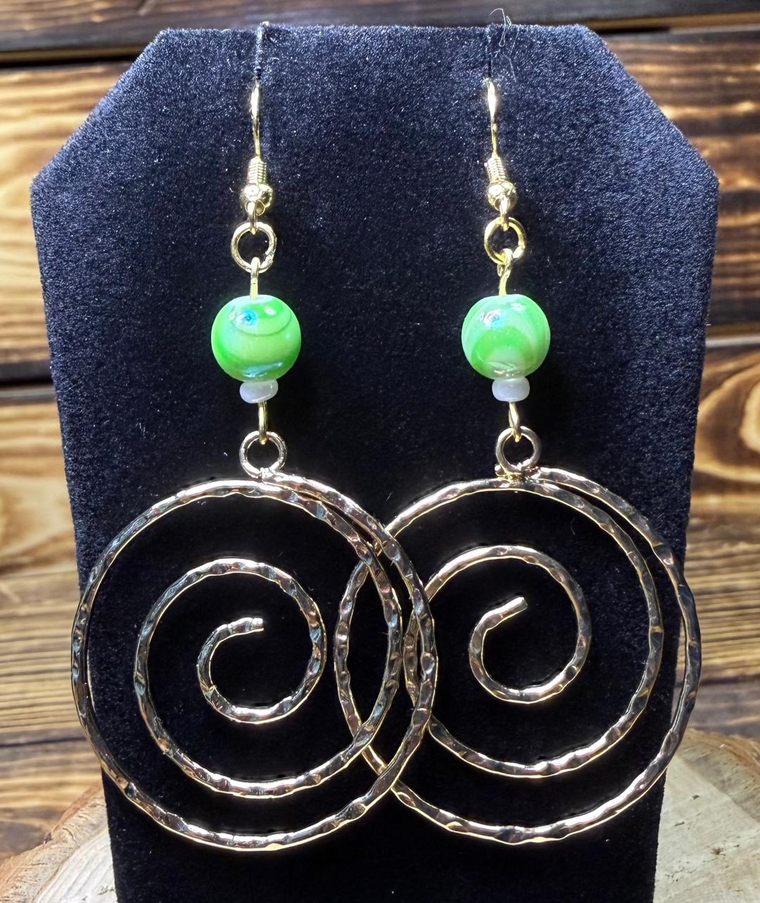 NEW Hammered Gold Swirl Hoop Earrings w/ Green Beads
