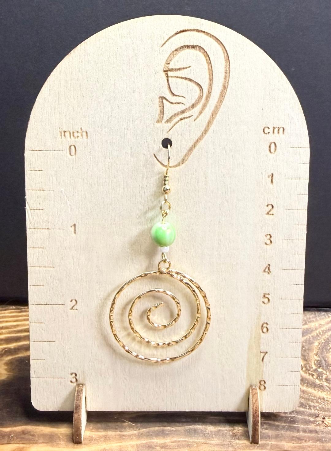 NEW Hammered Gold Swirl Hoop Earrings w/ Green Beads