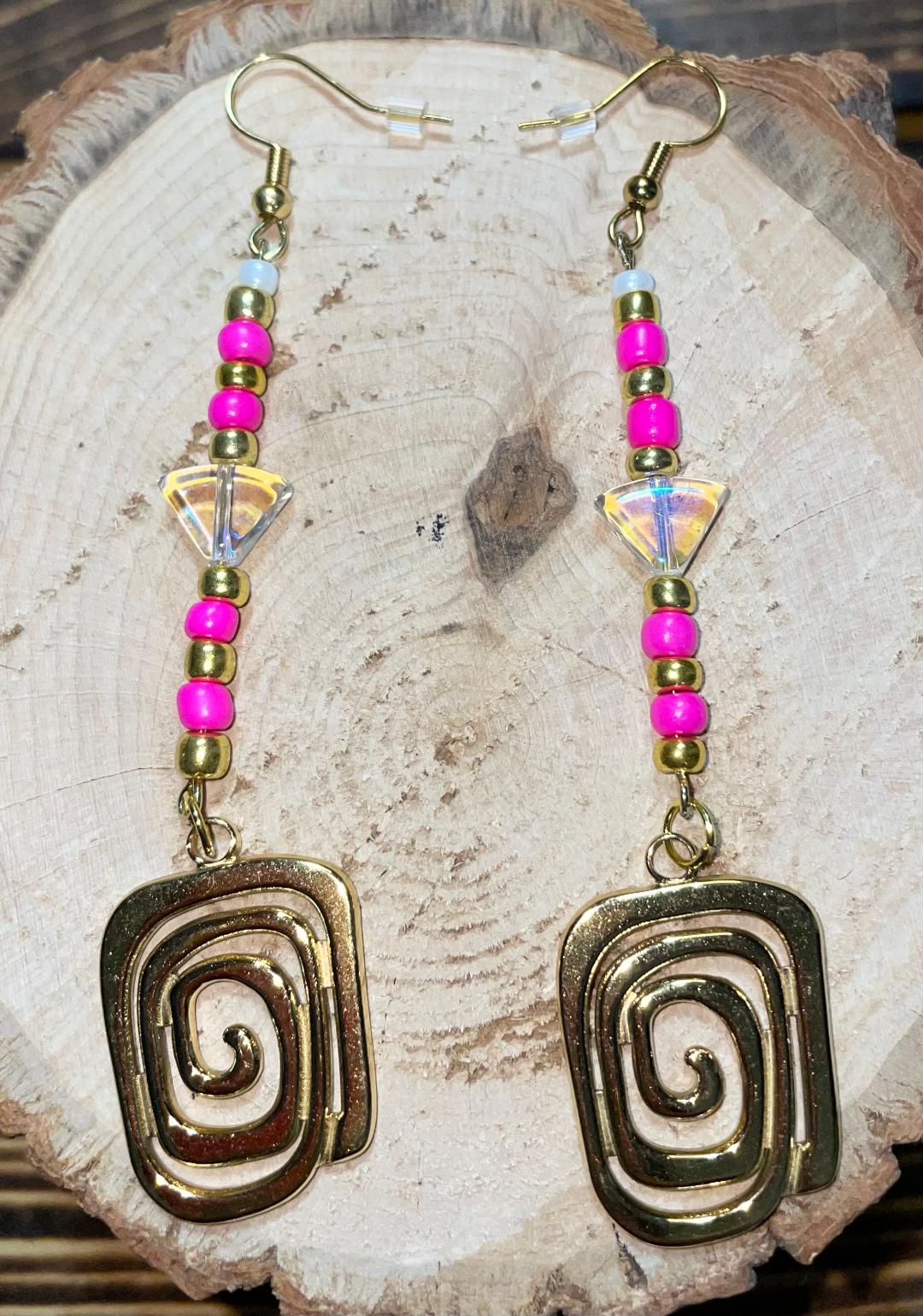 NEW Square Swirl Charm & Hot Pink Beads - Art Deco Style Drop Earrings