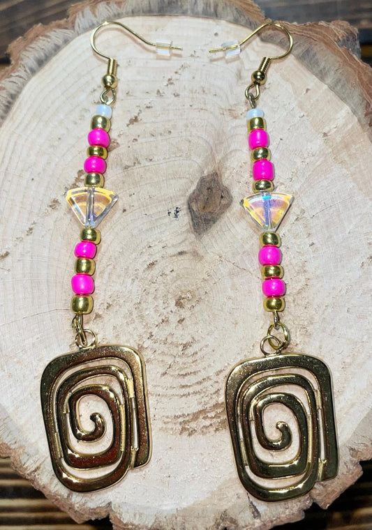 NEW Square Swirl Charm & Hot Pink Beads - Art Deco Style Drop Earrings