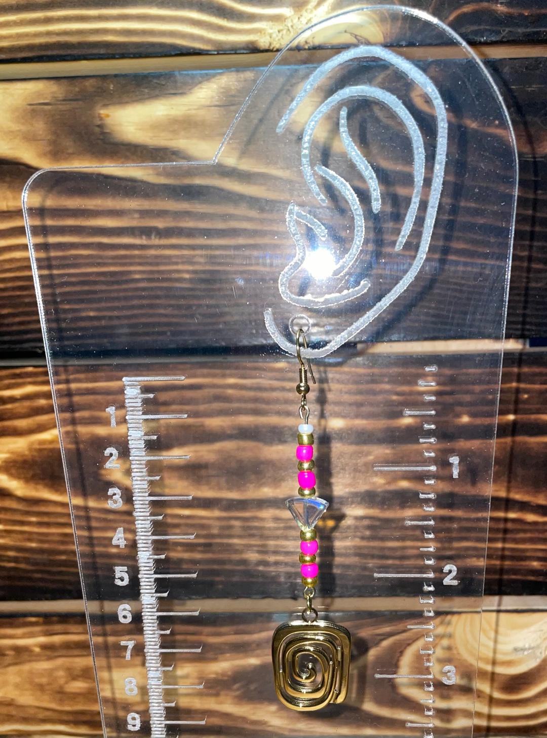 NEW Square Swirl Charm & Hot Pink Beads - Art Deco Style Drop Earrings