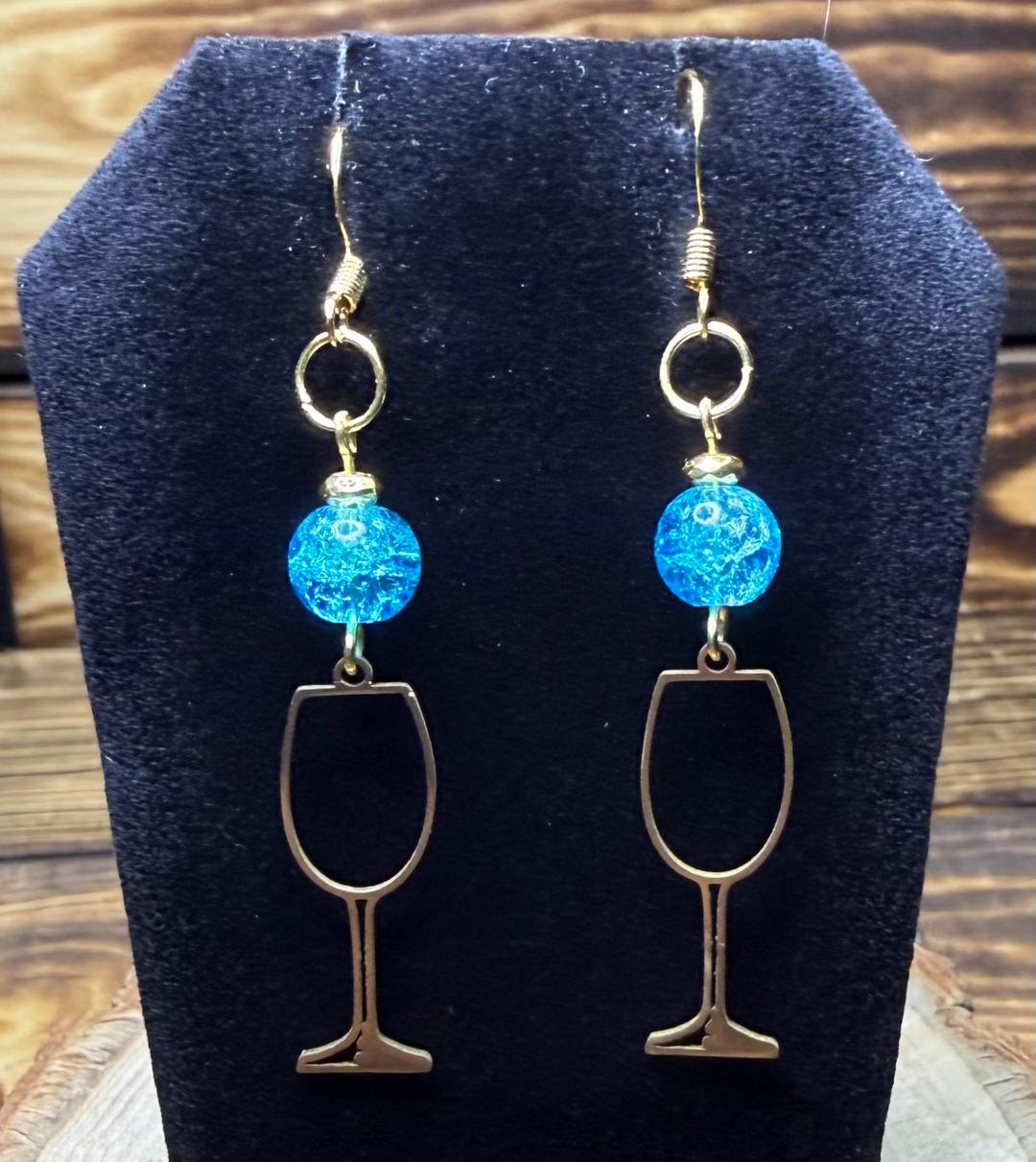 NEW Gold Stainless Steel Wine Glass & Blue Bead Earrings