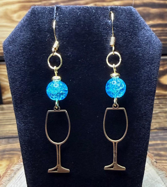 NEW Gold Stainless Steel Wine Glass & Blue Bead Earrings
