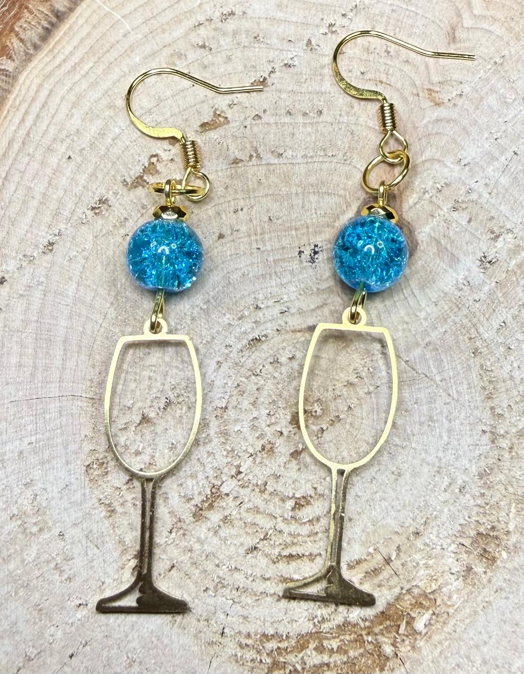 NEW Gold Stainless Steel Wine Glass & Blue Bead Earrings