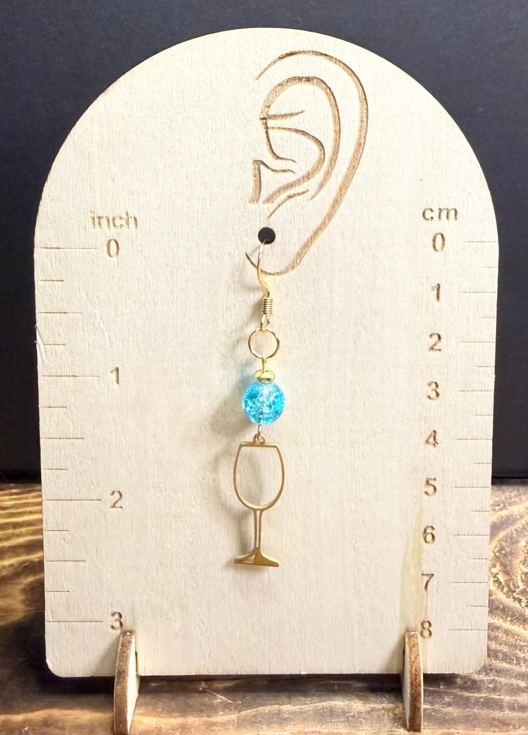 NEW Gold Stainless Steel Wine Glass & Blue Bead Earrings