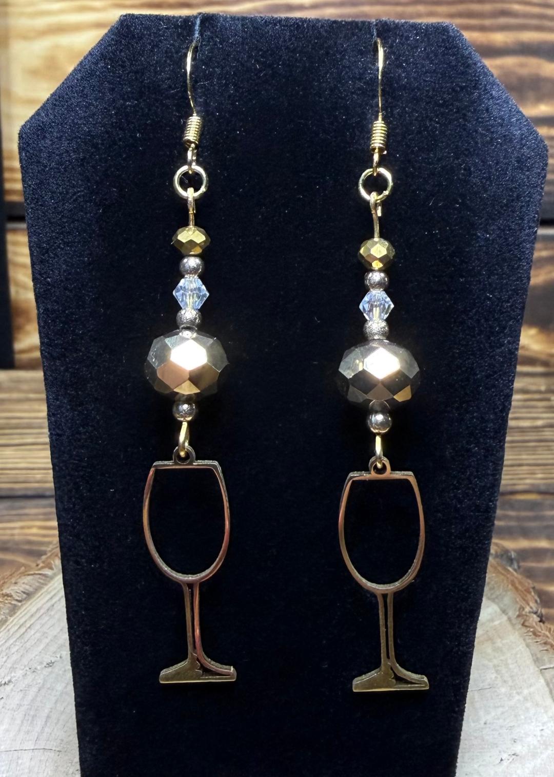 NEW Gold Stainless Steel Wine Glass & Beaded Earrings