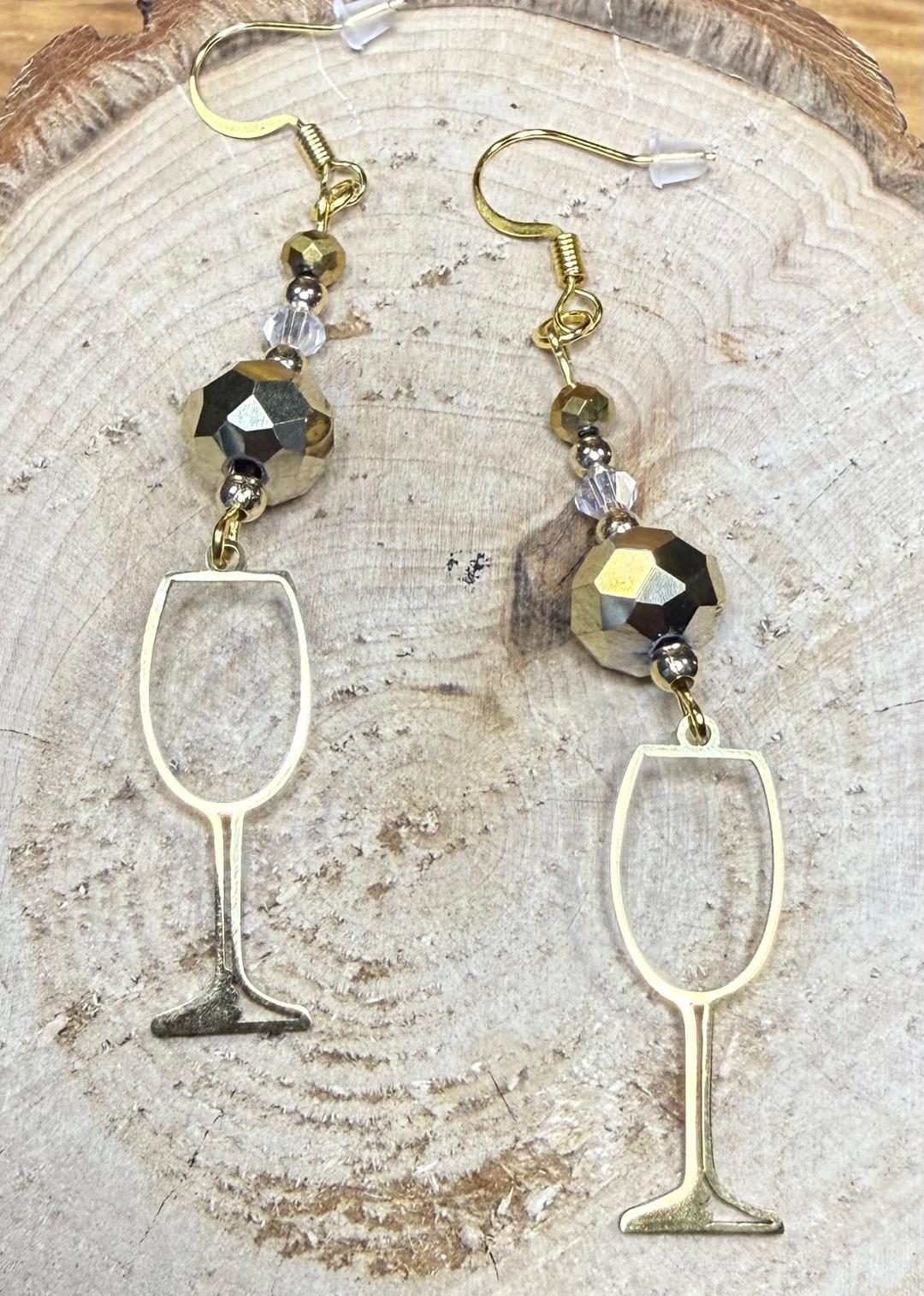 NEW Gold Stainless Steel Wine Glass & Beaded Earrings
