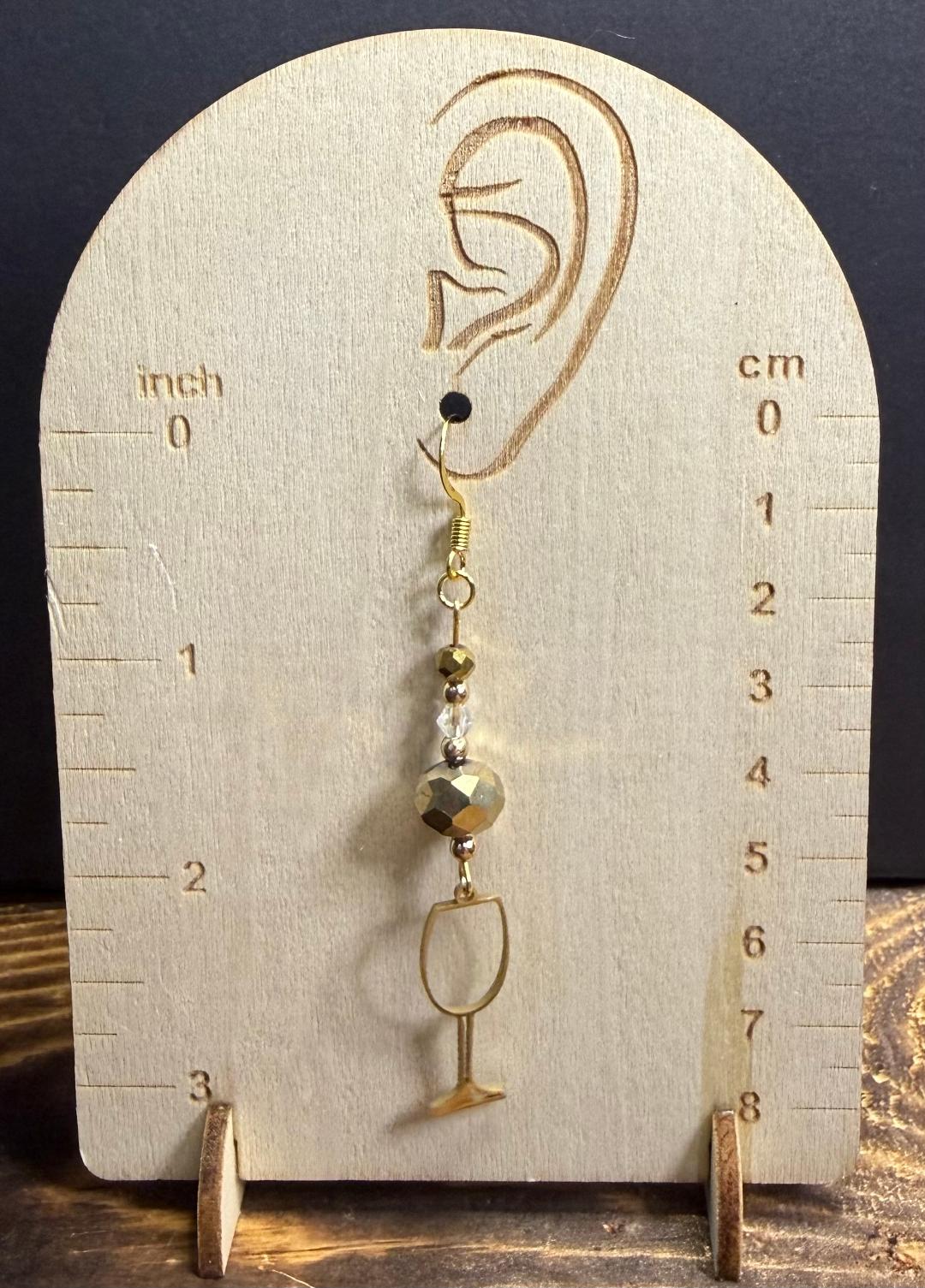 NEW Gold Stainless Steel Wine Glass & Beaded Earrings