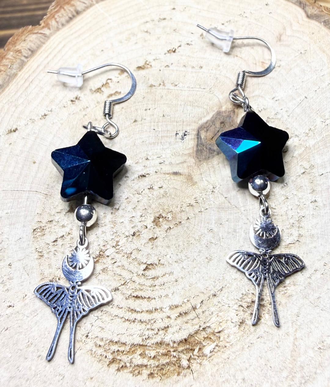 NEW Gothic Luna Moth Moon Charm Earrings w/ Glass Star Bead