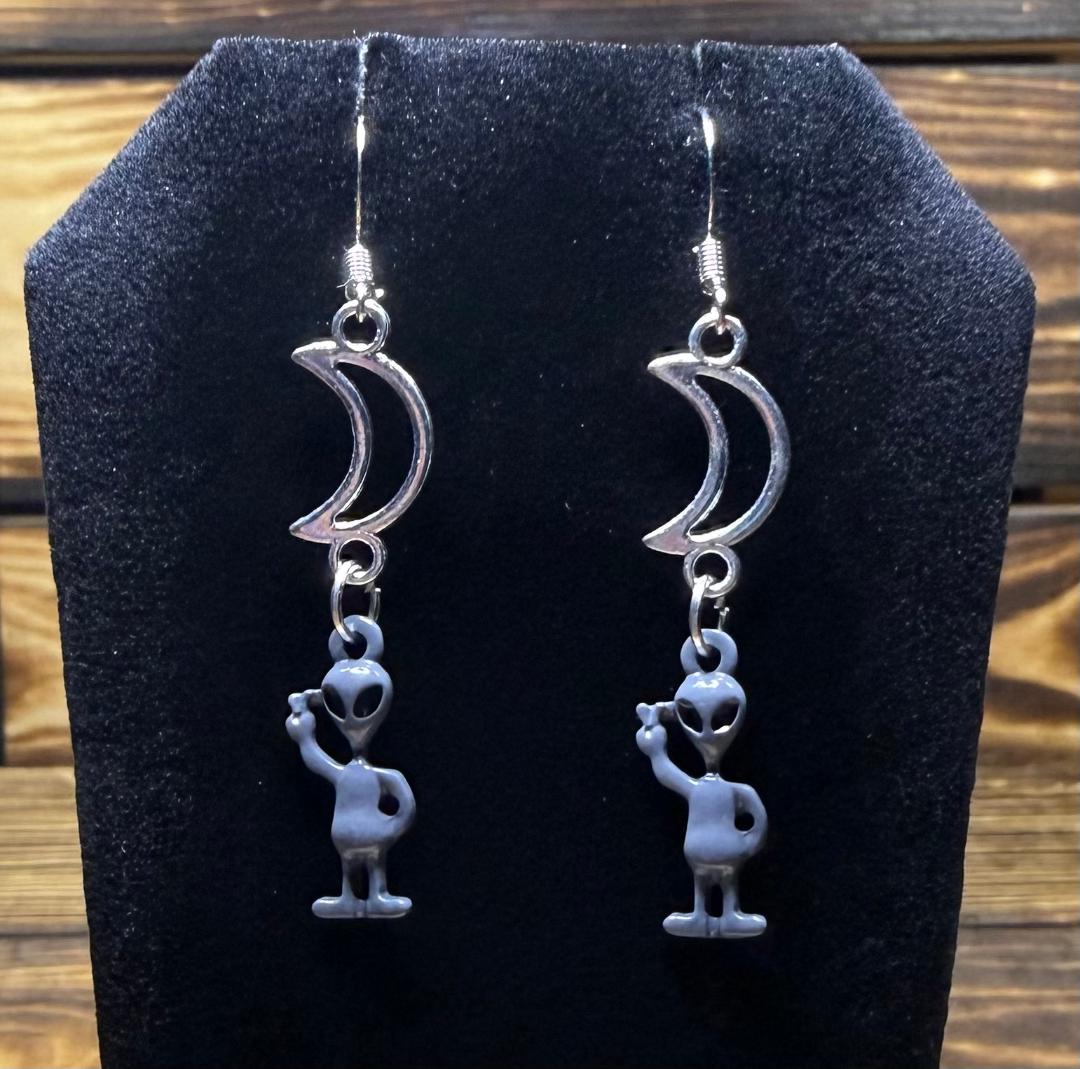 NEW Little Gray Alien Earrings w/ Hollow Crescent Moon
