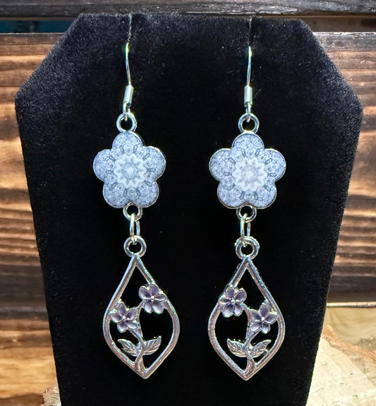 NEW Gray Mandala Earrings w/ Flower Bouquet Charm