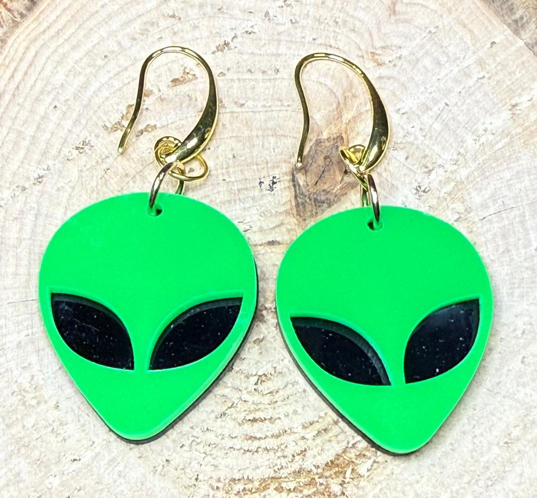 NEW Bright Green Alien w/ Black Eyes Earrings