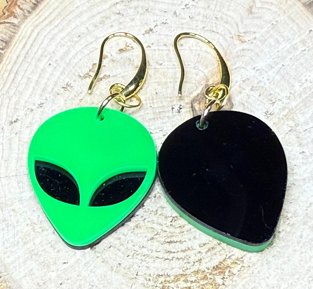 NEW Bright Green Alien w/ Black Eyes Earrings
