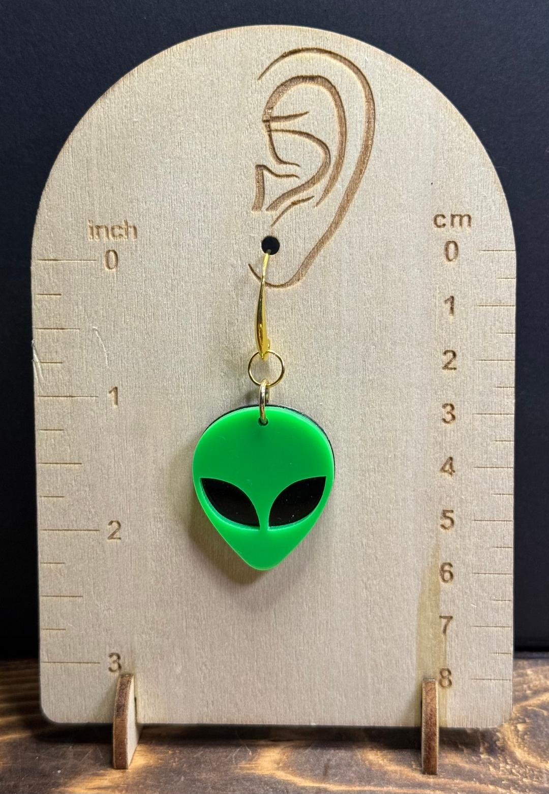 NEW Bright Green Alien w/ Black Eyes Earrings