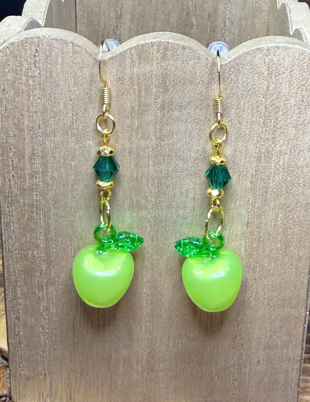 NEW Beautiful Acrylic Green Apple Charm Earrings w/ Green Glass Beads