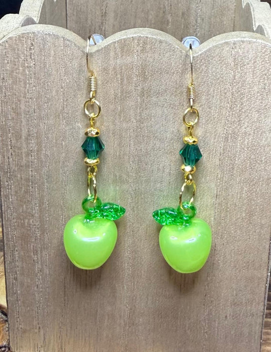 NEW Beautiful Acrylic Green Apple Charm Earrings w/ Green Glass Beads
