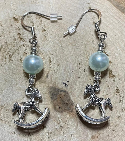 NEW Silver Tone Nursery Rocking Horse & Green Faux Pearl Bead Earrings