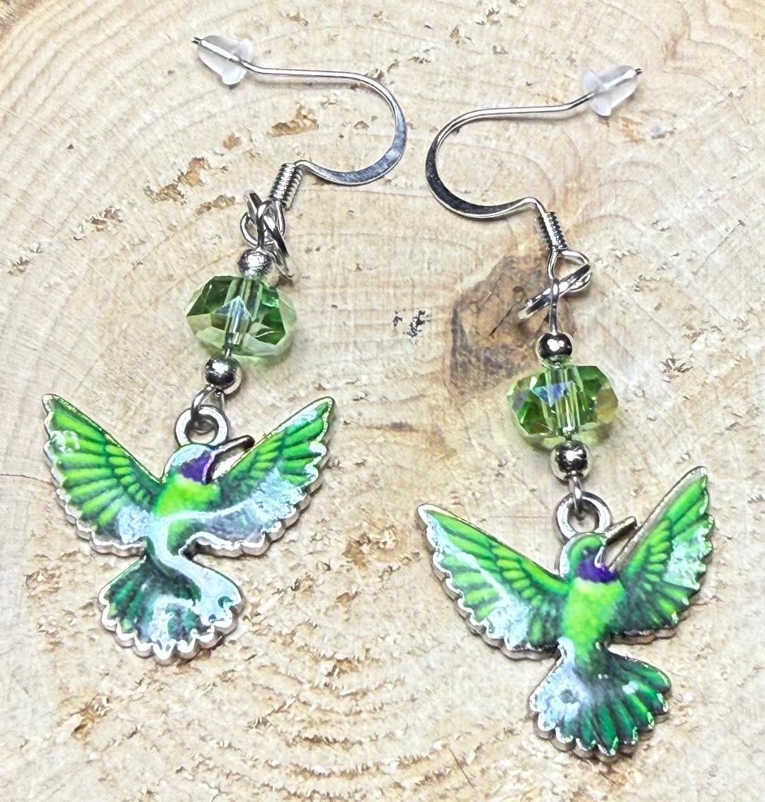 NEW Unique Bright Green Boho Hummingbird Enamel Charm Earrings w/ Green Glass Beads