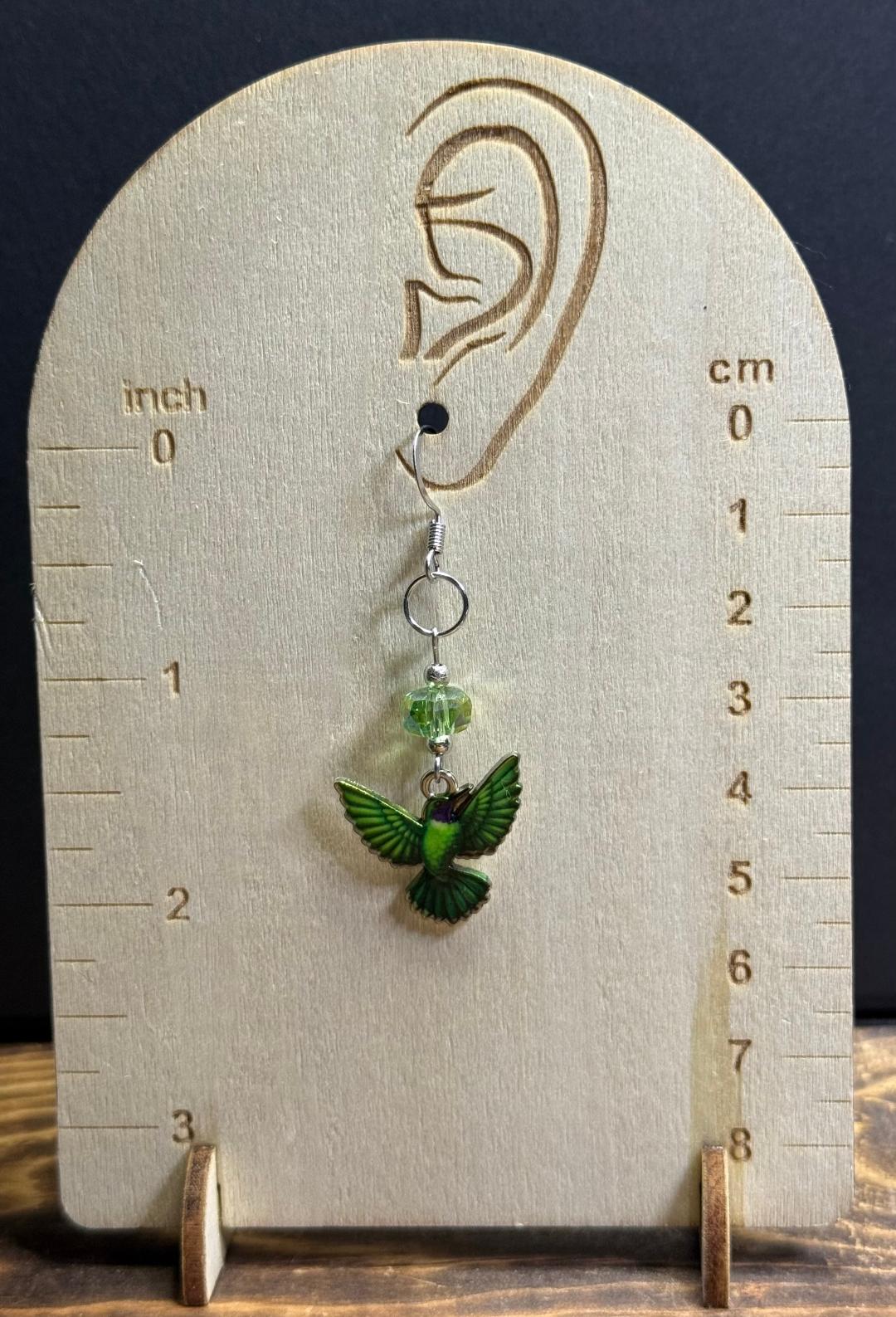NEW Unique Bright Green Boho Hummingbird Enamel Charm Earrings w/ Green Glass Beads