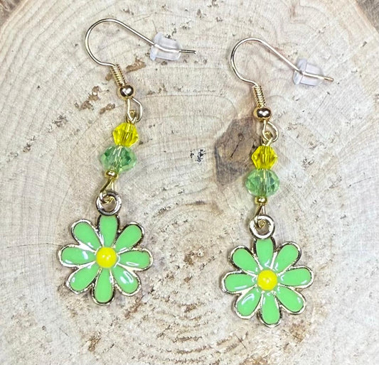 NEW Vibrant Green Daisy Charm Earrings w/ Glass Beads