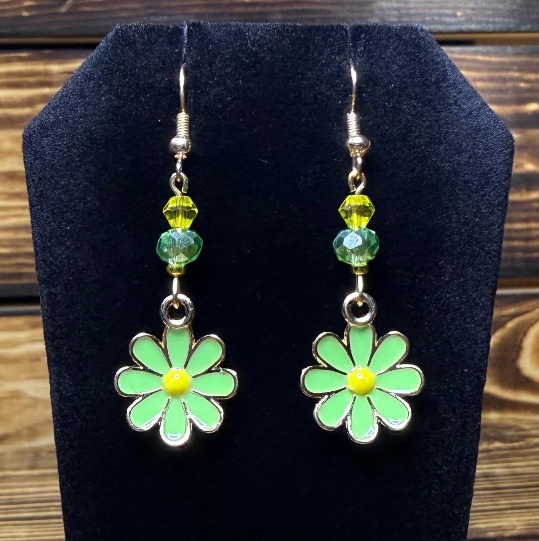 NEW Vibrant Green Daisy Charm Earrings w/ Glass Beads