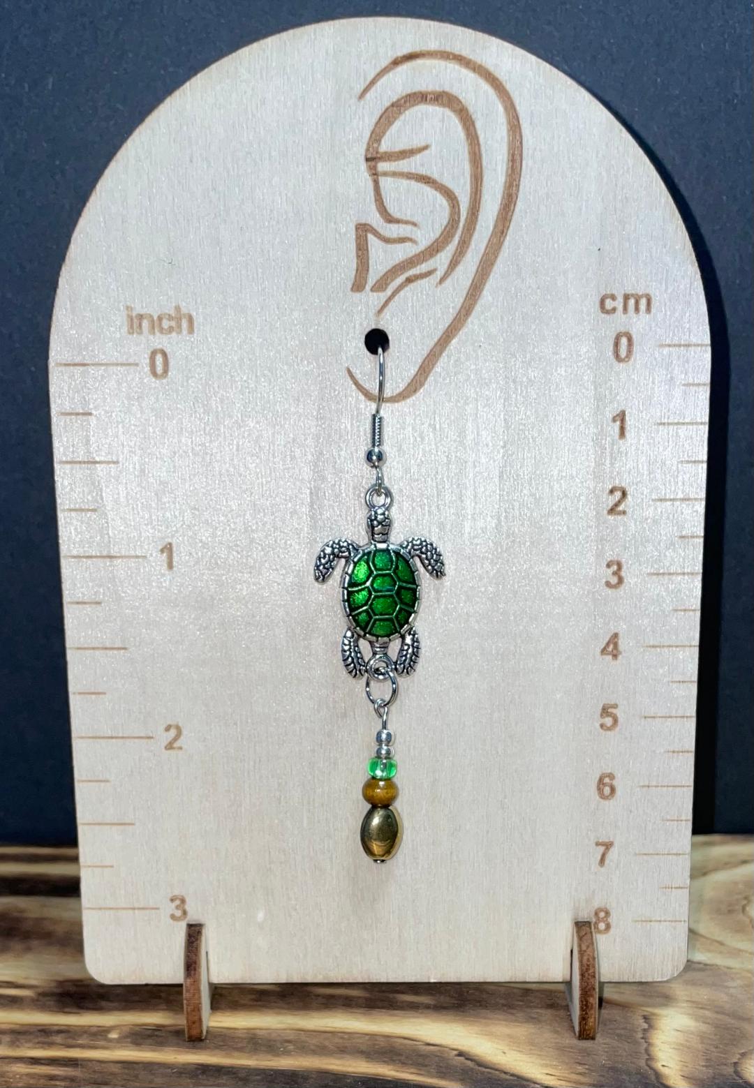 NEW Vibrant Green Enamel Turtle & Beads Drop Dangle Earrings