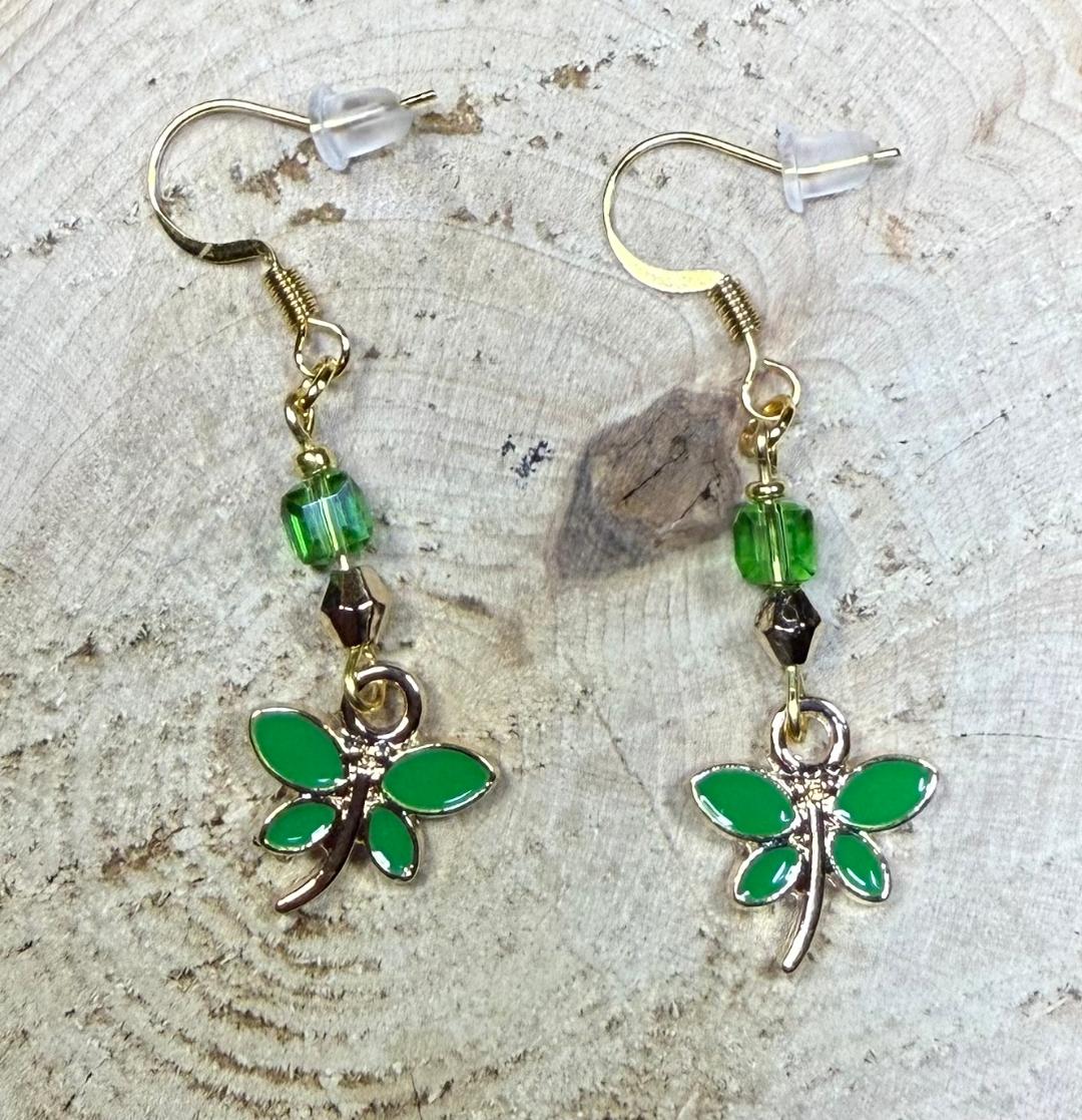 NEW Green Enamel Dragonfly Earrings w/ Square Glass Beads