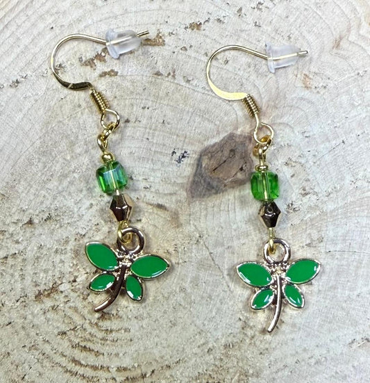 NEW Green Enamel Dragonfly Earrings w/ Square Glass Beads