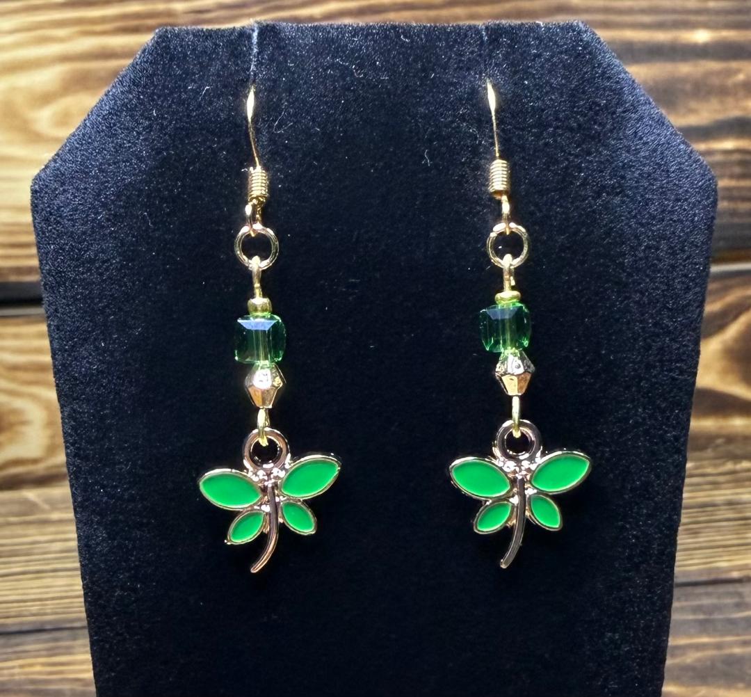 NEW Green Enamel Dragonfly Earrings w/ Square Glass Beads