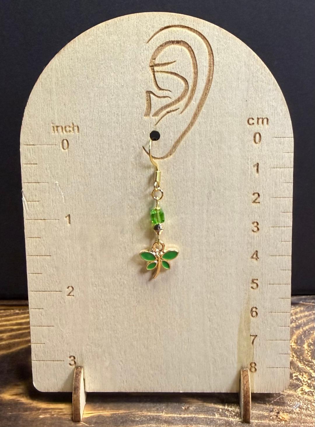 NEW Green Enamel Dragonfly Earrings w/ Square Glass Beads