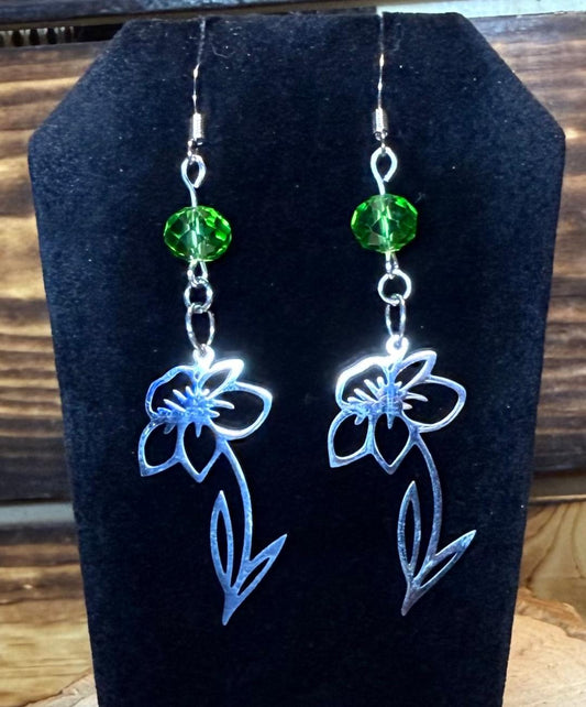 NEW Stainless Steel Flower Earrings w/ Faceted Green Glass Bead