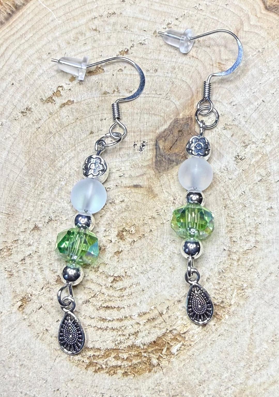 NEW Boho Green Glass Faceted Bead Earrings w/ White Opaque Beads