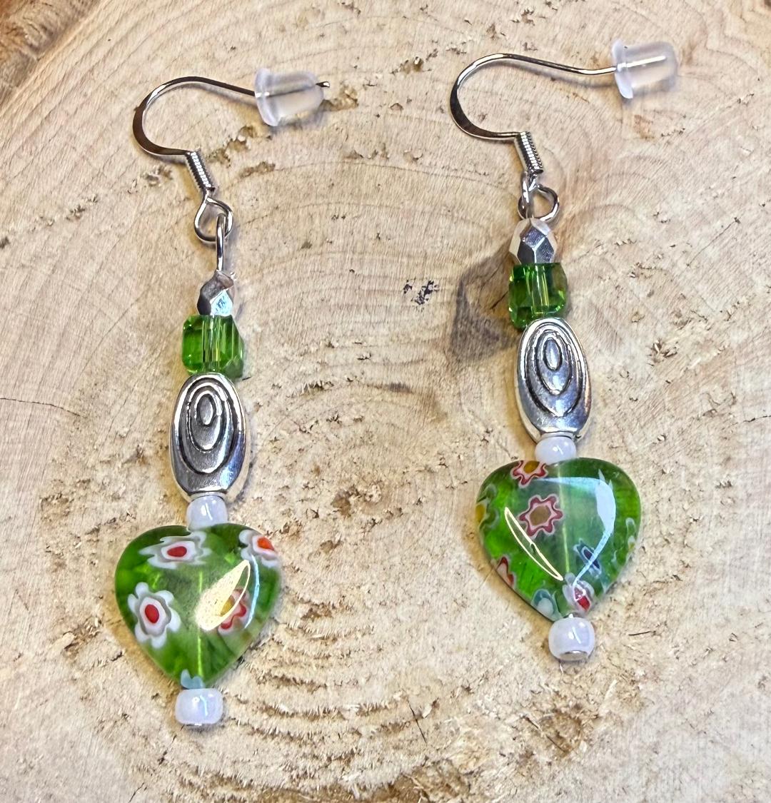 NEW Glass Heart Earrings w/ Square Glass Beads & Swirl Charms