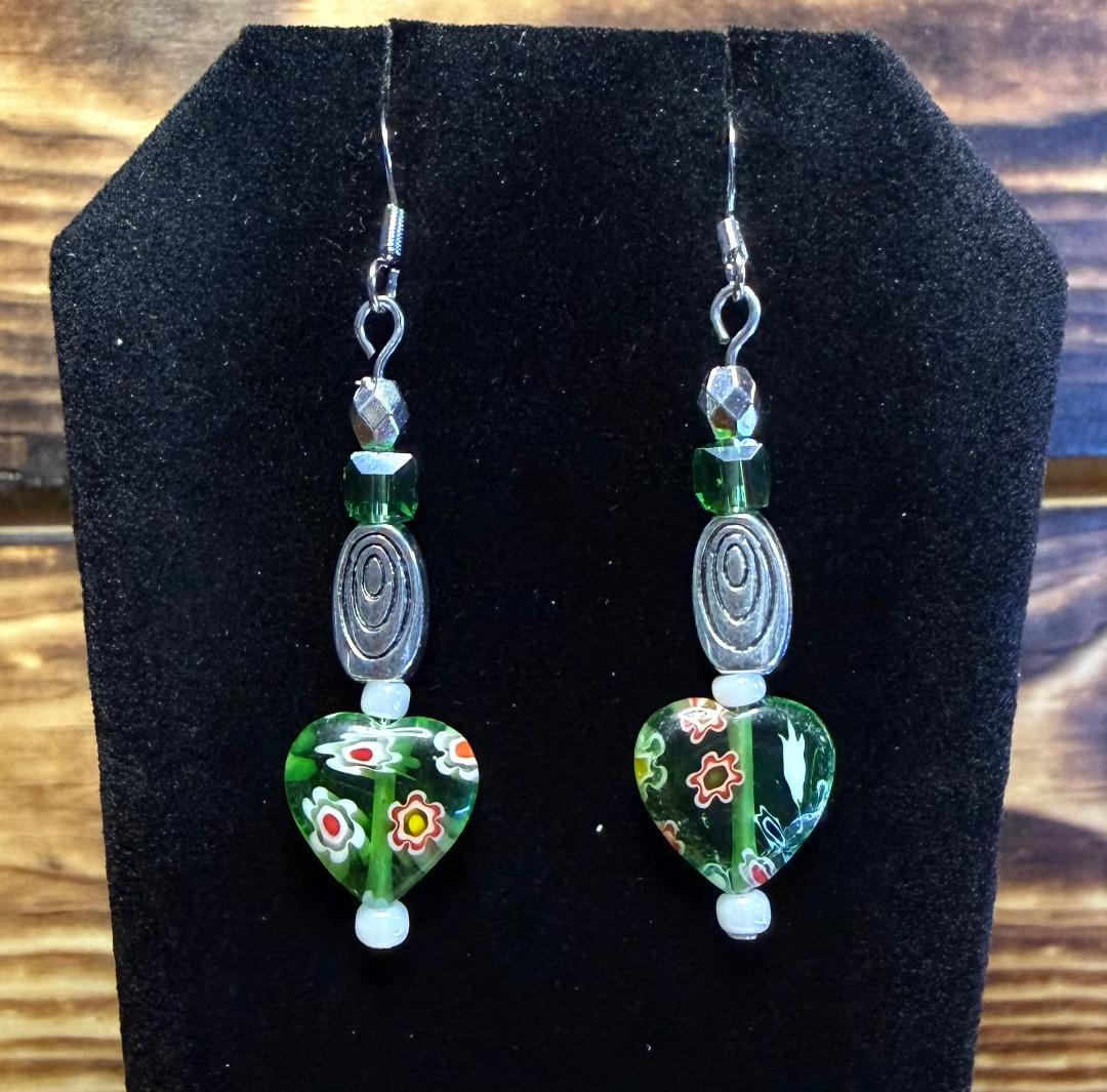 NEW Glass Heart Earrings w/ Square Glass Beads & Swirl Charms