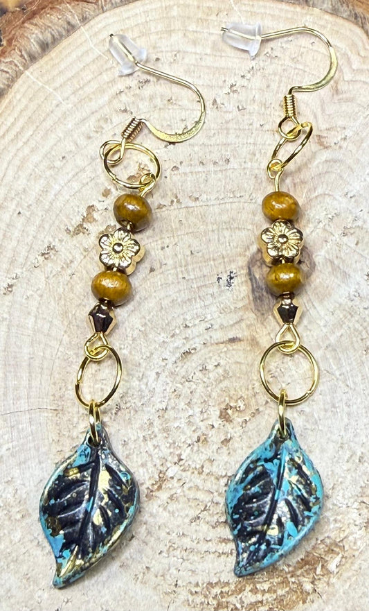 NEW Green & Gold Leaf Charm Earrings w/ Flower & Wooden Beads