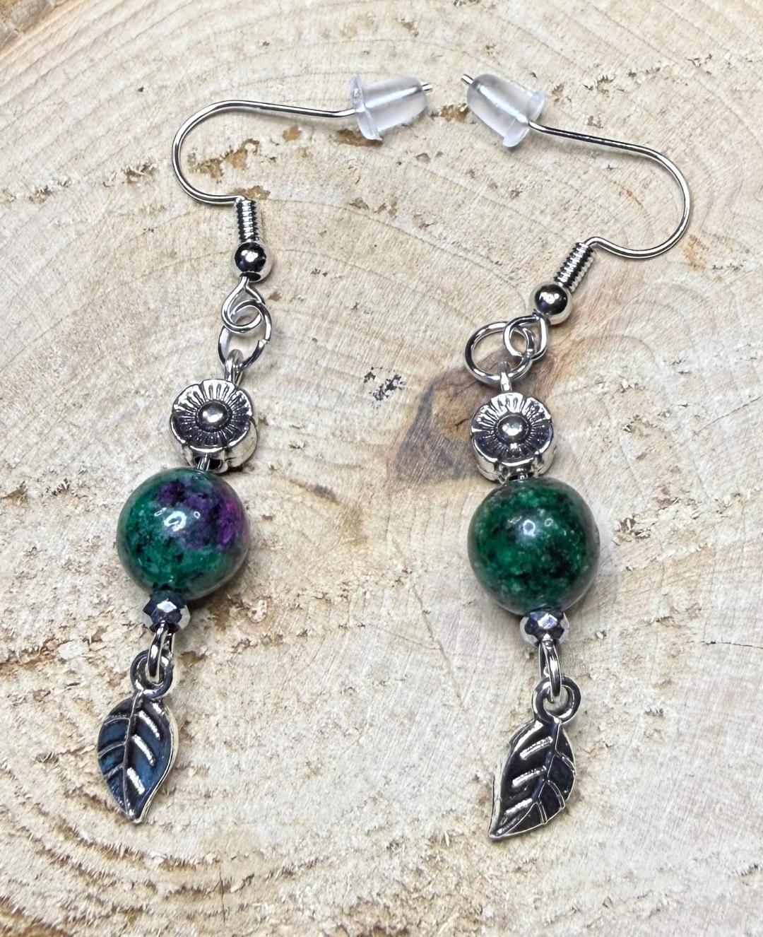 NEW Green Jasper Stone Bead Earrings w/ Flower & Leaf