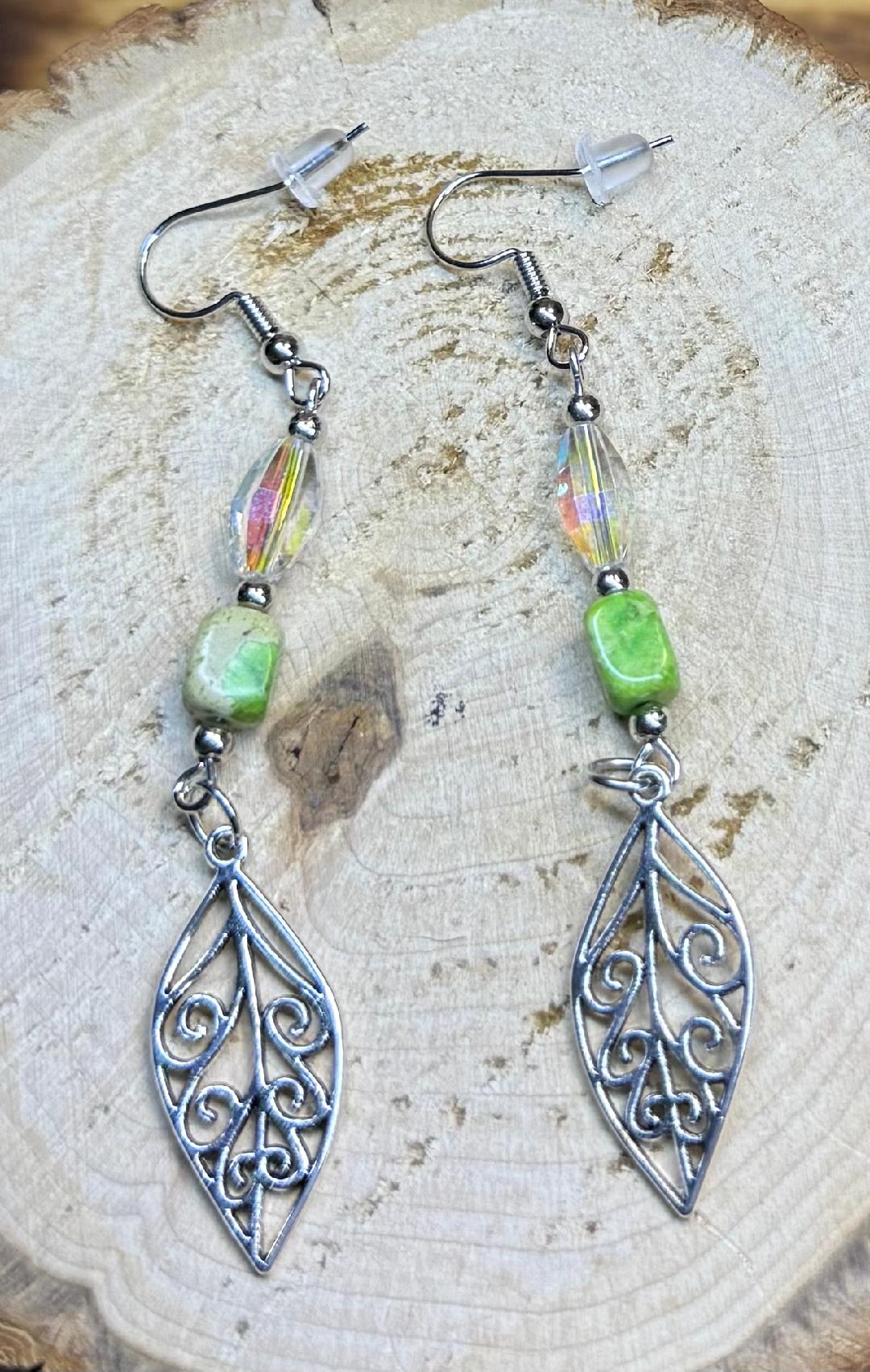 NEW Drop Leaf Earrings w/ Natural Stone & Glass Beads