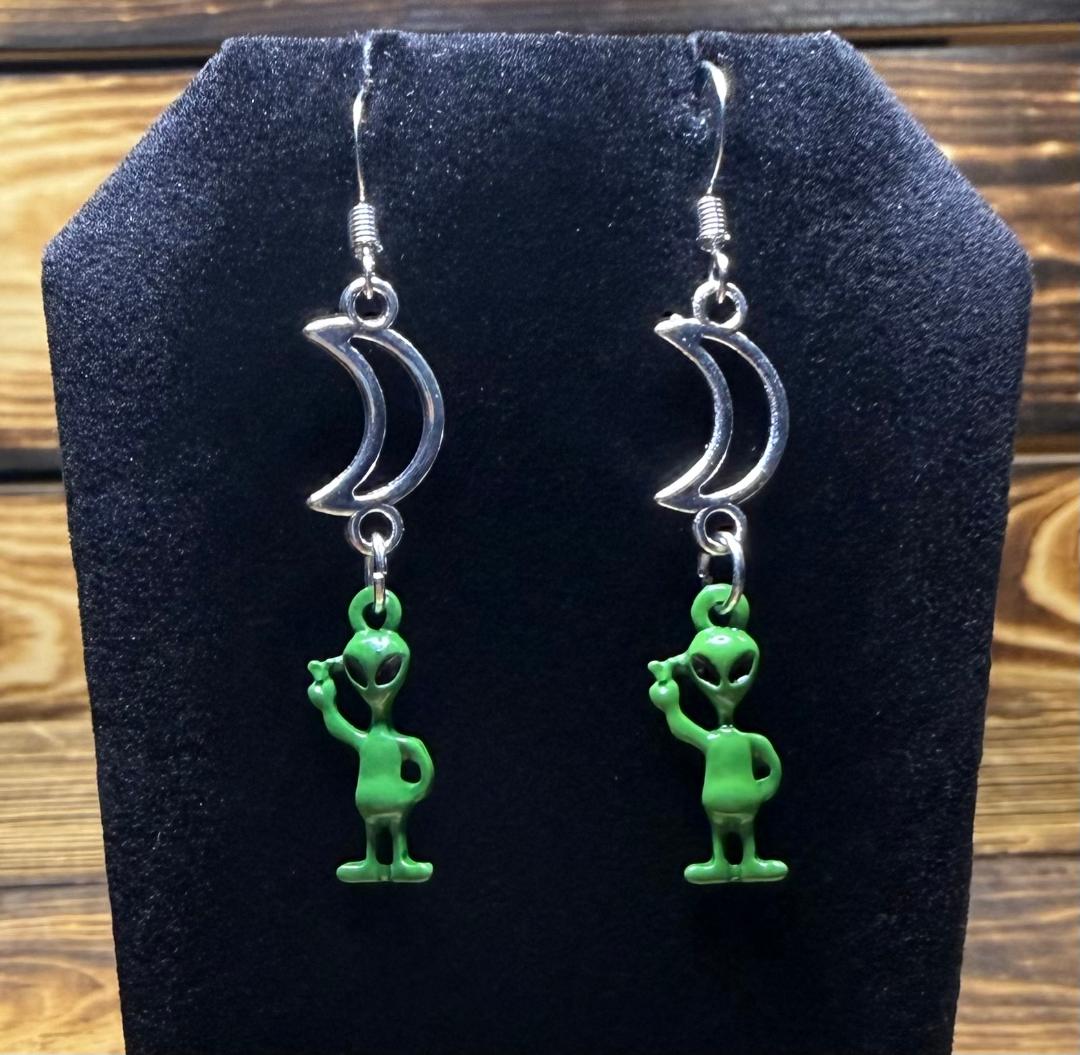 NEW Little Green Alien Earrings w/ Hollow Crescent Moon