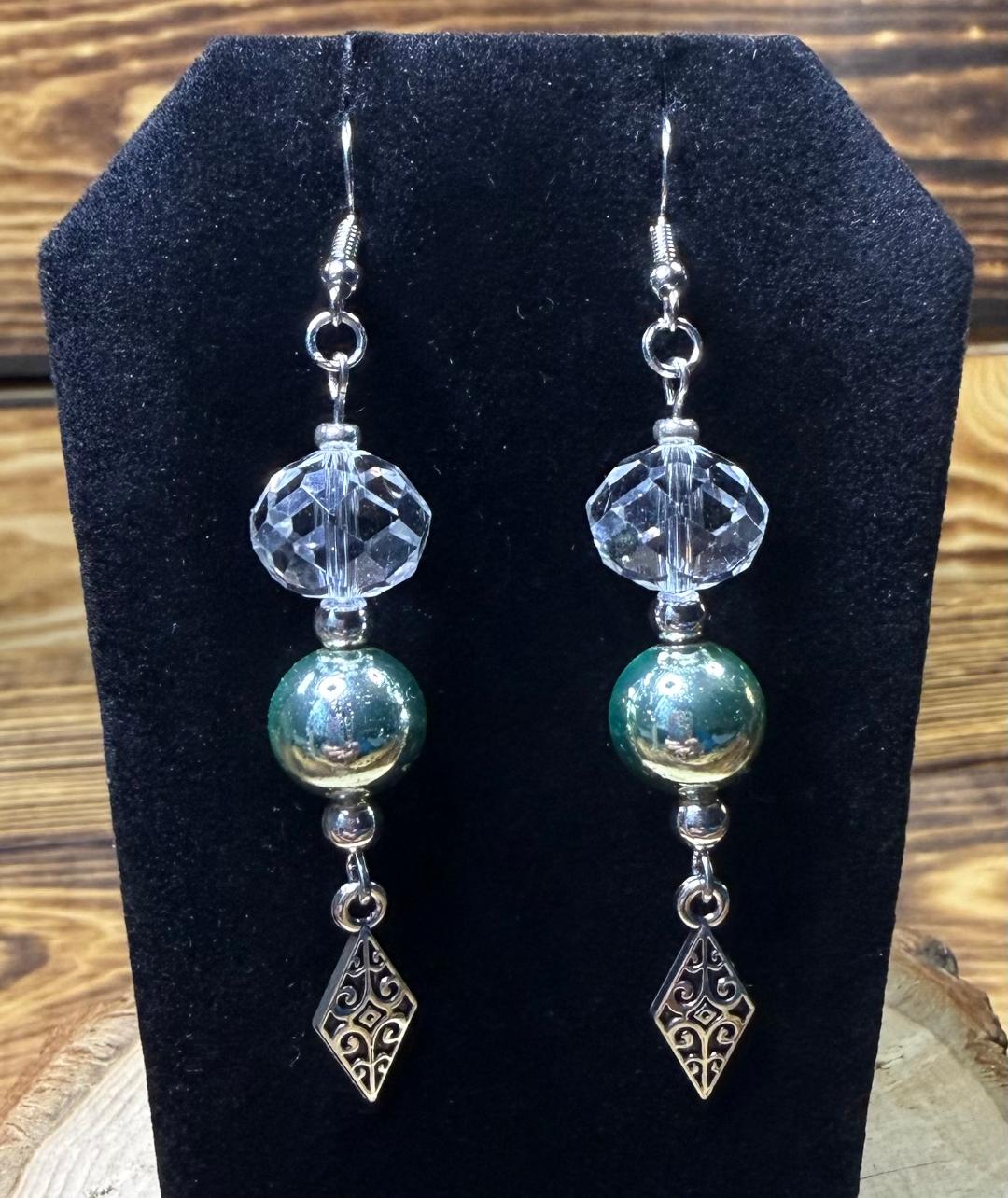 NEW Green Metallic & Glass Faceted Bead Earrings