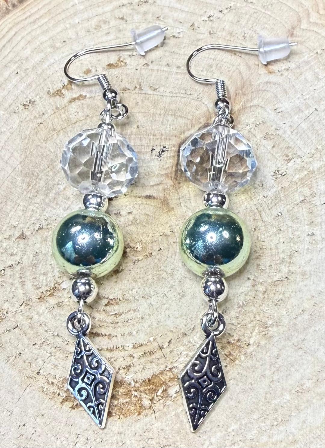 NEW Green Metallic & Glass Faceted Bead Earrings