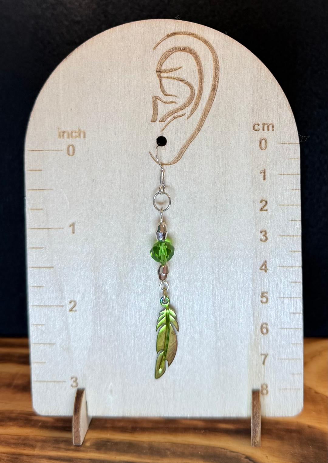 NEW Green Shiny Feather Charm Earrings w/ Matching Faceted Beads