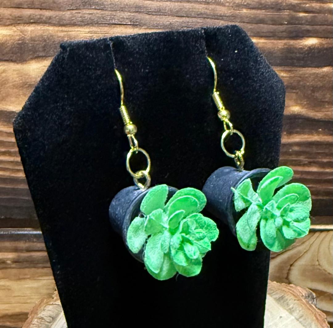 NEW Cute Green Succulent Plant / Black Pot Earrings